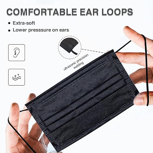 DC-BEAUTIFUL 100 Pieces Black Disposable Face Masks, Non Woven 3ply Earloop Disposable Masks, Fit for Adults