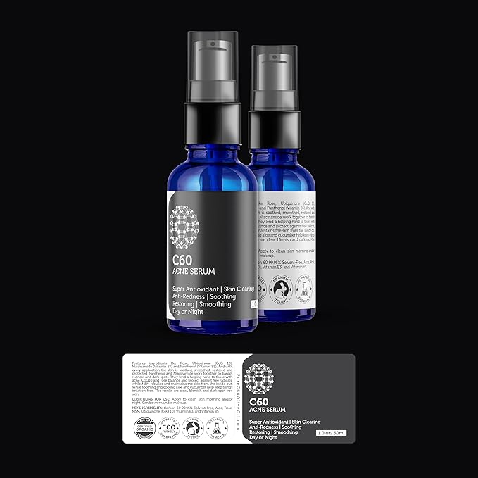 C60 Acne Serum 30ml with Aloe, Rose, MSM, CoQ 10, Vitamins B3 + B5 & Anti Aging Wrinkle Complexes for Men & Women Made with Organic Ingredients