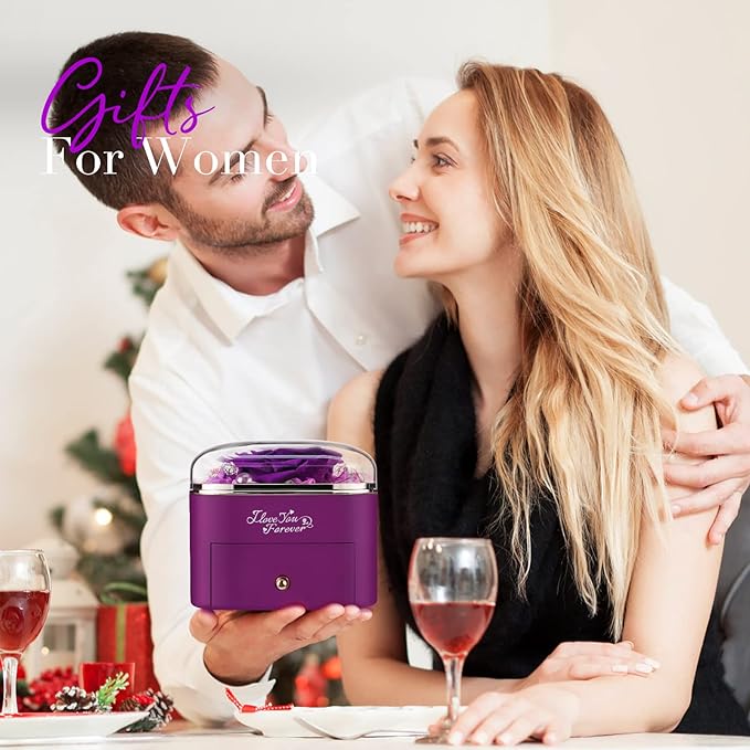 Preserved Real Purple Rose with Angle Wings Necklace, Forever Flowers Gifts for Mom Grandma Wife Girlfriend at Christmas Valentines, Anniversary Birthday Gifts for Women, I Love You Gifts for Her