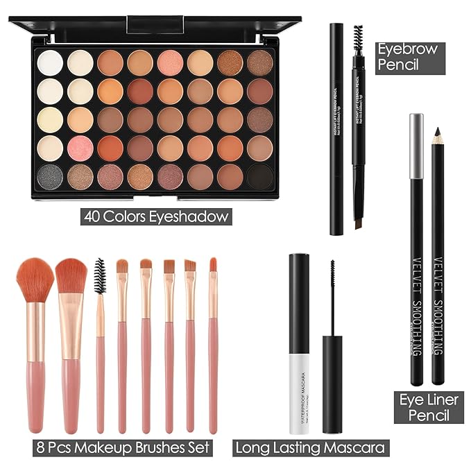 All In On Makeup Eye Set Cosmetics Kit for Teens and Adults, Includes Eyeshadow, Make Up Brushes, Mascara, Eyebrow Pencil, Eyeliner