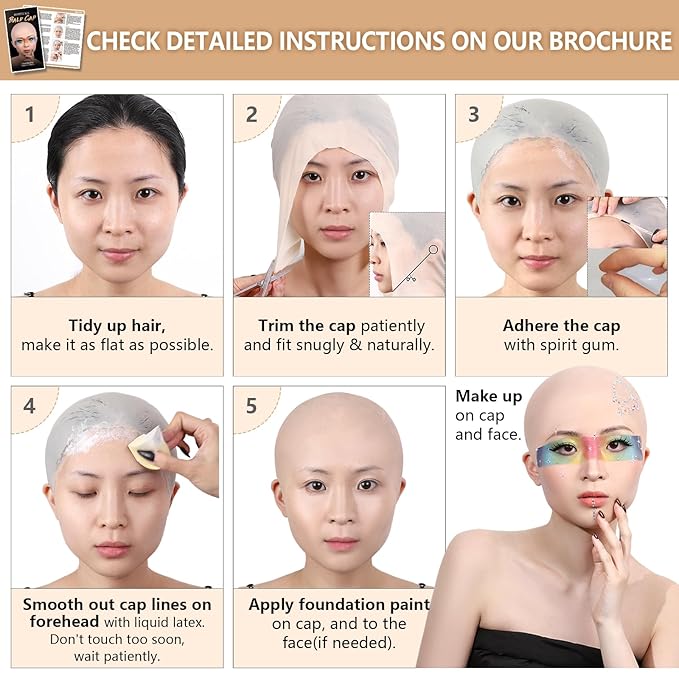 Bald Cap Halloween Makeup Kit for Men & Woman, Complete Bald Cap Costume Character Set, Realistic Bald Cap Kits for Cosplay Make Up, SFX Makeup, Dress-Up Party, Stage, Theater & Film