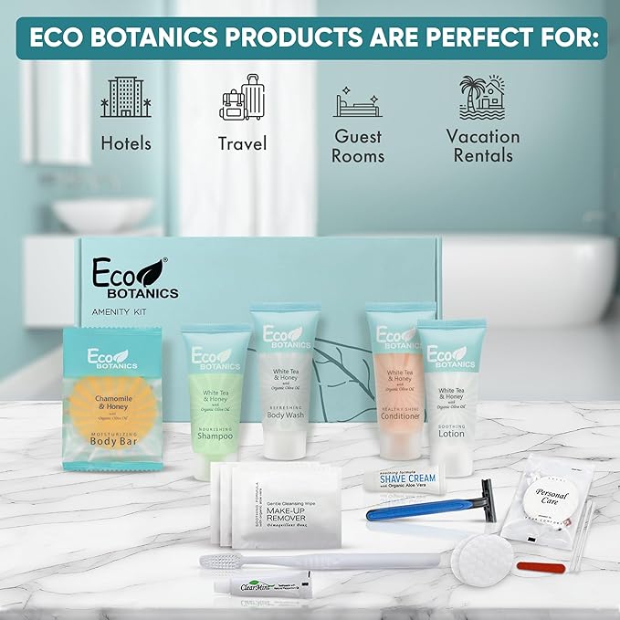 Eco Botanics Amenity & Accessory Kit | 0.85 oz Travel Size Shampoo, Conditioner, Lotion, Body Wash, Soap Bar, Shave & Dental Sets, Make-Up Remover Wipes, & Vanity Kit | 60 sets per case