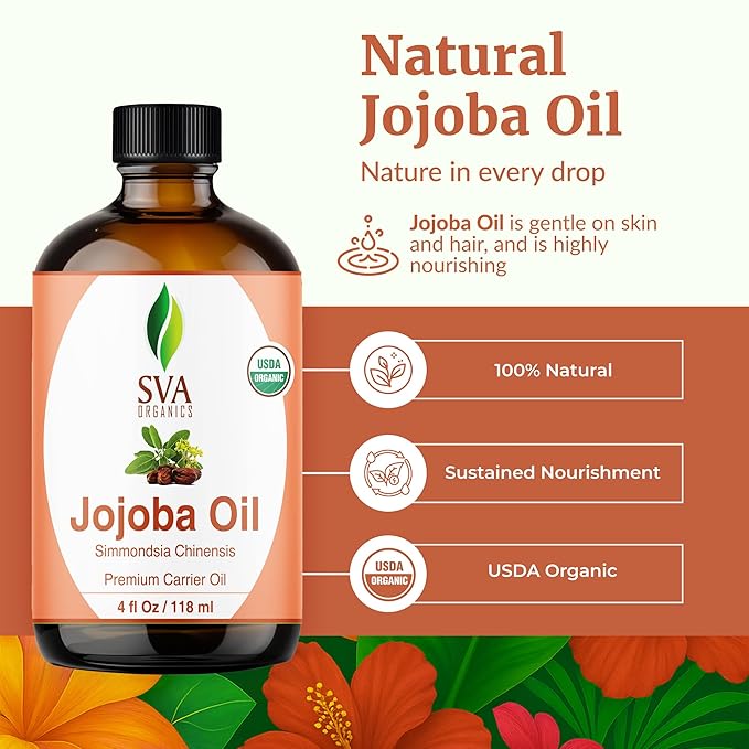 SVA Jojoba Seed Oil Organic - 4 Fl Oz – 100% Natural Cold Pressed Organic Jojoba Oil - for Face, Skin Care, Hair Care, Scalp Massage & Body Massage – Carrier Oil with Dropper