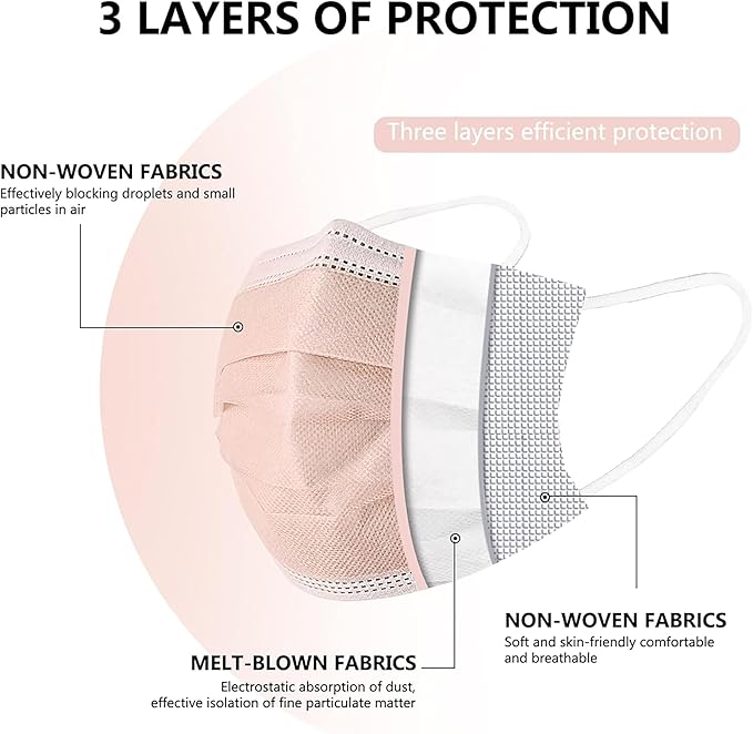 akgk Disposable Face Masks 100Pcs, 3 Layer Protective Face Mask Blush Pink Face Masks
