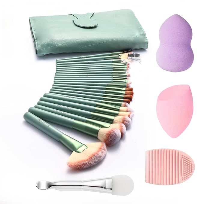 28PCS Makeup Brushes Set, Quality Make Up Brushes for Women, Makeup Brush Sets & Kits for Beginner Starter Professional,Soft Brushes with Blenders Masks Spatula,Travel-Friendly Gift Case, Green