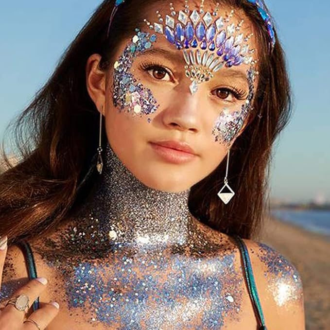 MEICOLY Blue and Clear White Face Body Glitter Set,Mermaid Face Glitter Gel,Singer Concerts Festival Rave Accessories,Sparkling Sequins Glitter Face Paint for Women and Kids,Chunky Glitter Makeup