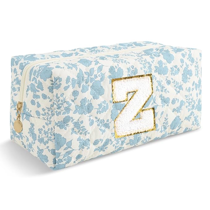 Personalized Quilted Cosmetic Bag, Puffy Monogrammed Christmas Birthday Gifts for Women & Girls, Cute initial Floral Makeup Bag Puffer Coquette Bag, Aesthetic Travel Toiletry Zipper Pouch(Blue,Z)