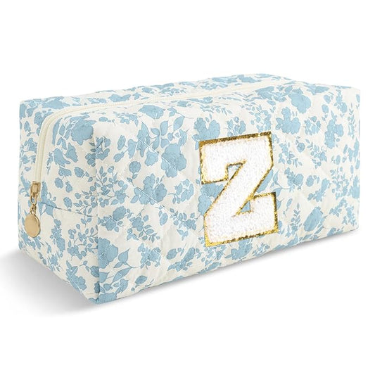 Personalized Quilted Cosmetic Bag, Puffy Monogrammed Christmas Birthday Gifts for Women & Girls, Cute initial Floral Makeup Bag Puffer Coquette Bag, Aesthetic Travel Toiletry Zipper Pouch(Blue,Z)