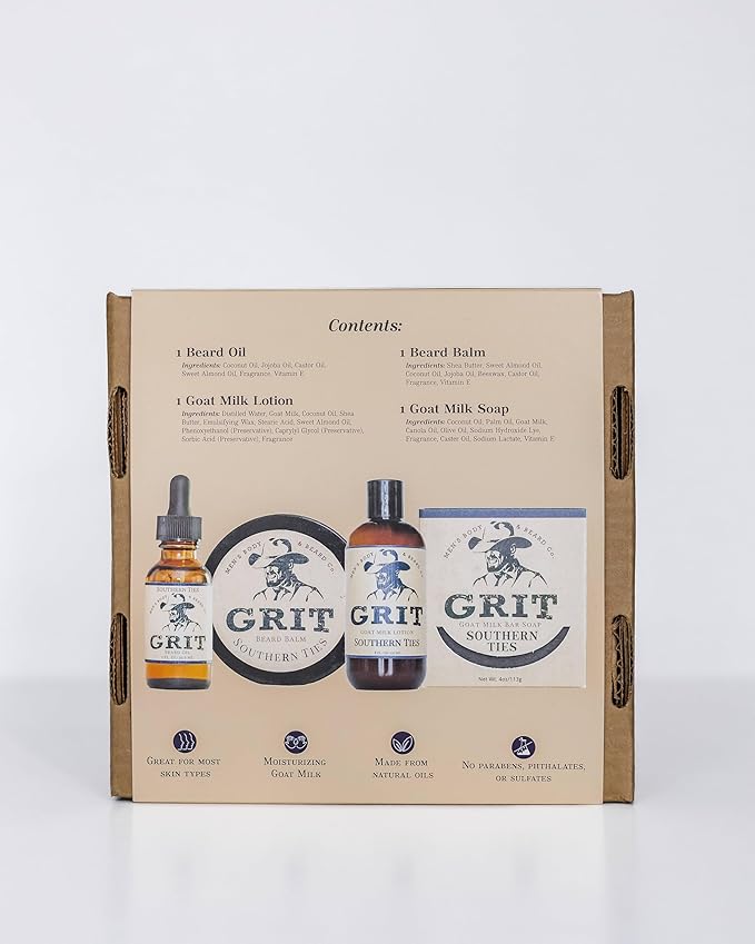 GRIT Boxed Gift Set Bundle Southern Ties - Includes 1 Soap, 1 Lotion, 1 Beard Oil, and 1 Beard Balm | All Natural | Dye-Free Lotion | Enriched with Nourishing Goat Milk |