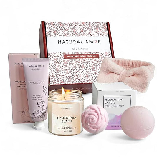 Natural Amor Relaxation Spa Gift Set for Women, 5 Piece Bath & Body Box with Candle, Hand Cream, Bath Bombs & Headband, Self Care Gift for Her