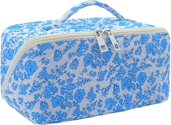 Blue Large Quilted Floral Makeup Bag Cute Coquette Aesthetic Cosmetic Bag Open Flat Travel Toiletry Make up Bag for Women