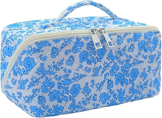 Blue Large Quilted Floral Makeup Bag Cute Coquette Aesthetic Cosmetic Bag Open Flat Travel Toiletry Make up Bag for Women