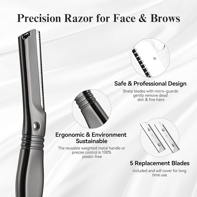Eyebrow Razor for Women and Men, Face Razors for Women, Dermaplane Razor with Protective Silicone Cover, Reusable Metal Handle with 6 Refill Blades, Skin Care Tool - Matte Black