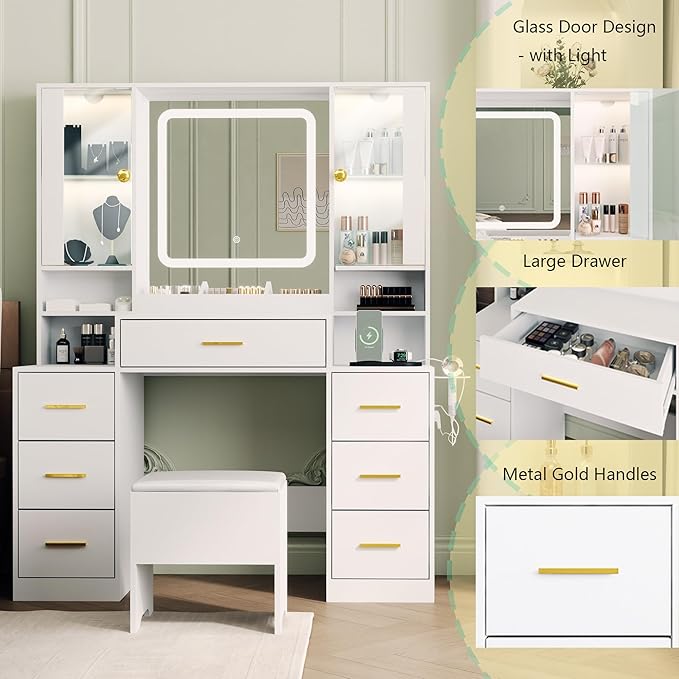 Makeup Vanity with LED Light Strip Mirror and Chair, 7 Drawers & 2 RGB Cabinets White Vanity Makeup Desk with Power Strip, Adjustable LED Lighting, and Cushioned Stool for Women, Girls, Teens