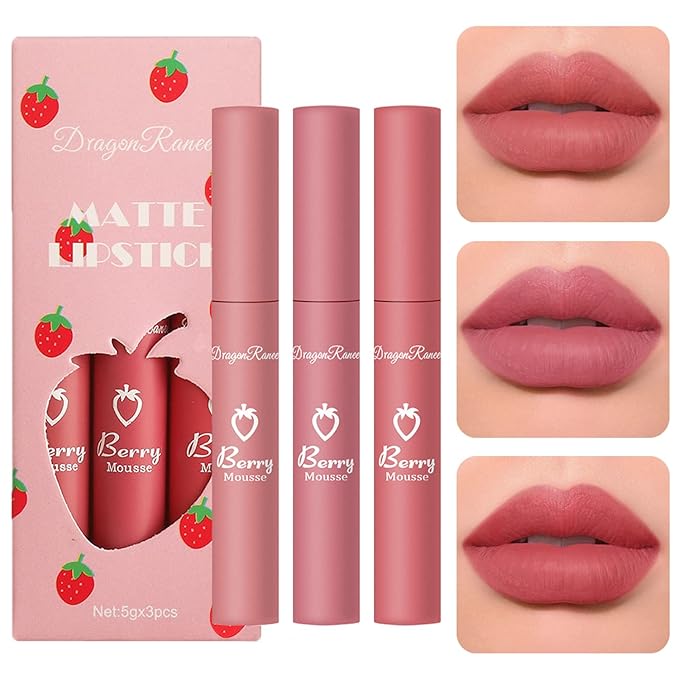 Sulily 3Pcs Dark Red Matte Lipstick Set,Red Matte Lipstick Long Lasting for Women,Velvet Air Moisture Smooth Crayon Lip Stain,24 Hours Wear Non-Stick Cup Not Fade Waterproof Lip Gloss Makeup