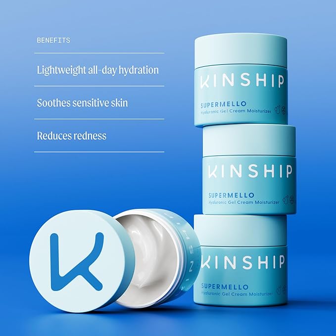 Kinship Supermello Hyaluronic Gel Cream Moisturizer – Nourish + Soothe Dry Sensitive Skin – Lightweight, Hydrating Face Lotion – Plump + Smooth – Reduce Redness – Daily Use Clean Skin Care (1.75 oz)
