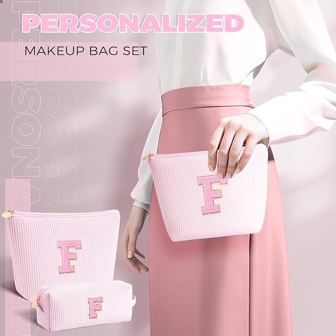 Personalized Makeup Bag for Women Girls - Fashion Cosmetic Bag Trendy Travel Toiletry Bag with Initials Letter - Teen Gifts - Pink,F