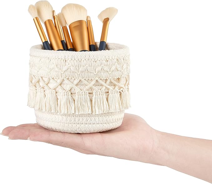 Mkono Macrame Makeup Brush Holder Organizer Comb Brushes Mini Storage Basket Set of 2 Boho Decor Baskets for Pen Pencil Box Container ,Ivory