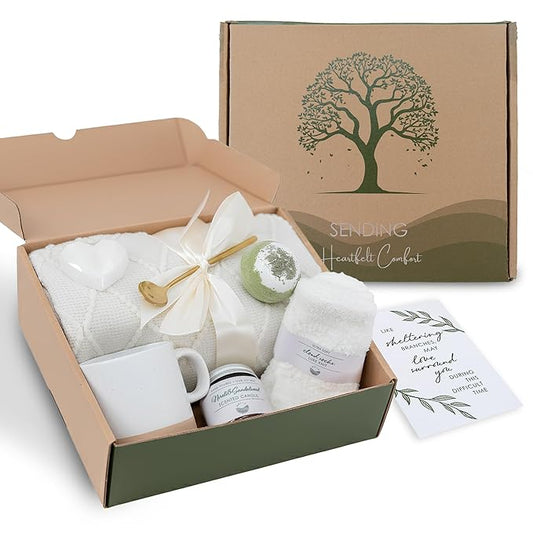Sympathy Gift Baskets for Women – 8 Thoughtful & Cozy Items (Blanket and Candle Gift Set with Mug, Socks & More) – Sympathy Gifts for Loss of Loved One, Get Well, or Self Care Gifts for Women