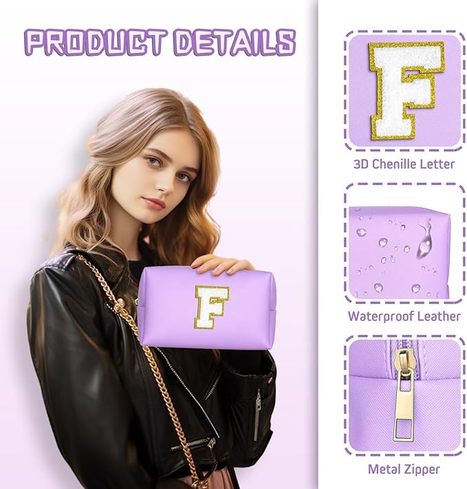 TOPEAST Preppy Makeup Bag, Small Cosmetic Travel Bags for Women, PU Leather Waterproof Toiletry Bag with Zipper, Personalized Birthday Gift for Women Girl, Preppy Gifts for Girl (Purple F)