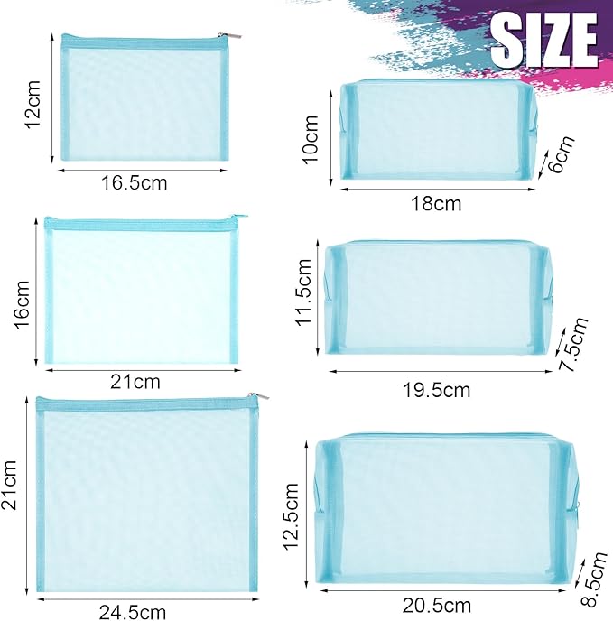 6 Pieces Mesh Makeup Bags Mesh Cosmetic Bag Portable Travel Organizing Zipper Pouch Toiletries Makeup Pouches for Home Office Travel Accessories