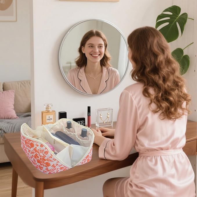 Orange Large Quilted Floral Makeup Bag Cute Coquette Aesthetic Cosmetic Bag Open Flat Travel Toiletry Make up Bag for Women