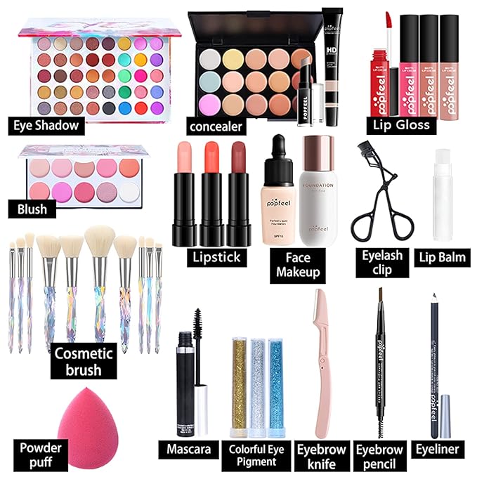 FantasyDay All-in-one Holiday Make up Gift Set | Makeup Kit for Women Full Kit Essential Starter Bundle Include Eyeshadow Palette Lipstick Blush Foundation Concealer Face Powder Mascara Lipgloss Brush