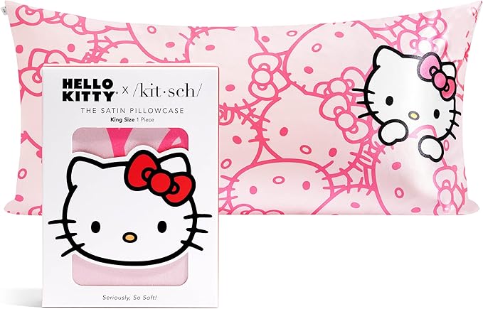 Kitsch x Hello Kitty (Pink Kitty Faces) - Satin Pillowcase with Zipper for Hair and Skin, Softer Than Silk, Smooth Cooling Pillow Covers, Machine Washable, King Size (19x36)