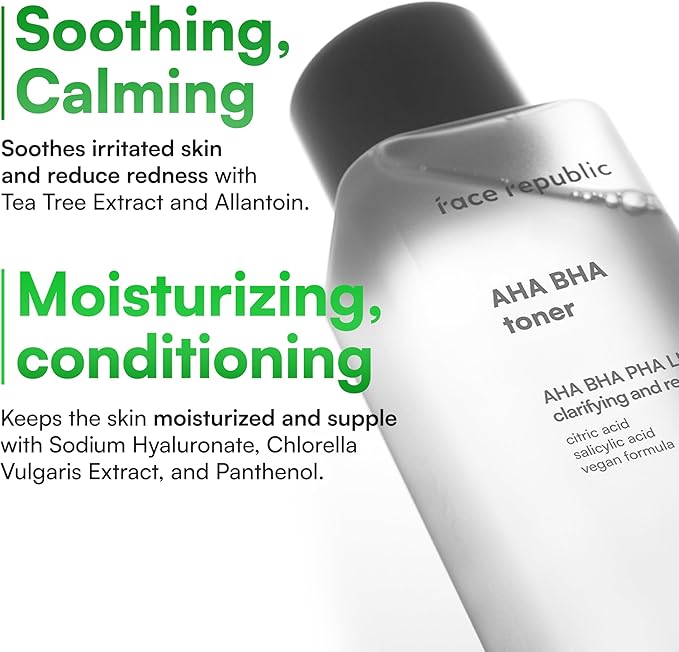 Face Republic AHA/BHA Toner 160ml 5.41 fl oz | Clarifying, Refining, Hydrating | Pore Care, Gentle Exfoliation | AHA BHA PHA LHA | for Oily, Sensitive Skin | Alcohol-Free | Vegan Korean Skincare
