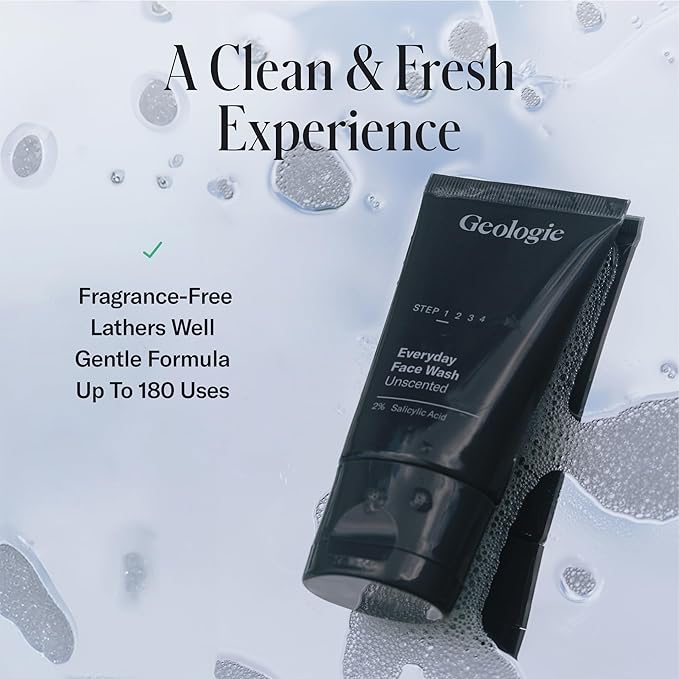 Geologie 2% Salicylic Acid Unscented Face Wash | Fragrance-Free Facial Cleanser for Men & Women | Acne & Oil Control | Non-irritating, Deep Cleansing & BHA Exfoliating Face Wash | 2-Pack