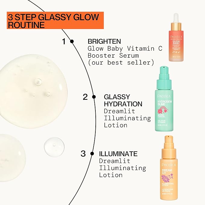 Pacifica Glow Baby Brightening Skincare Set – Vitamin C Booster Serum, Hydrodew Vegan Snail Moisturizer & Dreamlit Illuminating Lotion for Glowing Skin, Hydration & Radiance