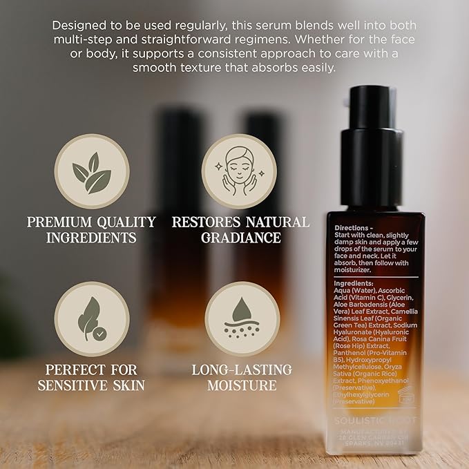 Renew Facial Serum w/Vitamin C & Hyaluronic Acid – Skincare Blend for Face, Sensitive Skin, Brightening Care, Vitamin C Serum for Dark Spots & Even Tone – 1 oz Bottle