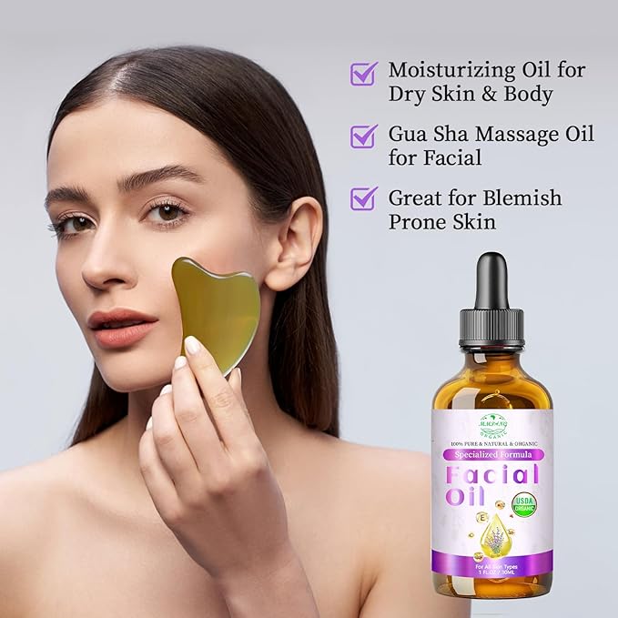 Organic Face Oil with Lavender, Rosehip, Frankincense, Pomegranate & Vitamin E - USDA Certified Cold Pressed 100% Natural Anti-Aging Facial Oil for Moisturizing, Brightening - 1oz / 30ml