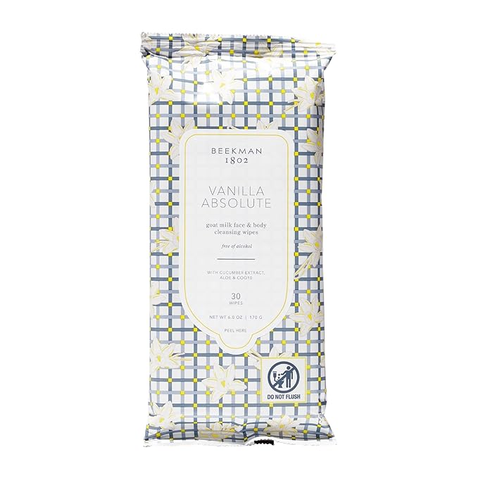 Beekman 1802 Face & Body Wipes, Vanilla Absolute - Scented - 30 Count - Cleanses Dirt & Makeup - With Goat Milk, Aloe & Vitamin E - Alcohol Free, Biodegradable - Good for Sensitive Skin - Cruelty Free