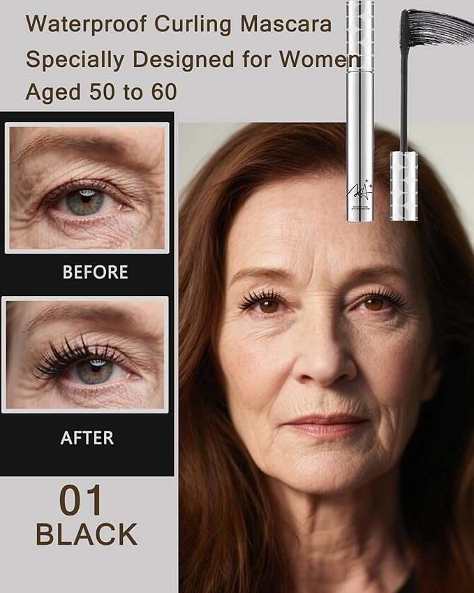 Mascara for Older Women 60 Plus,Black Prime Waterproof Length and Volume Lash Mascara for Mature Hypoallergenic Volumizing Máscara with Thinning Lashes,Long Lasting No Clumps for Sensitive Eyes-01