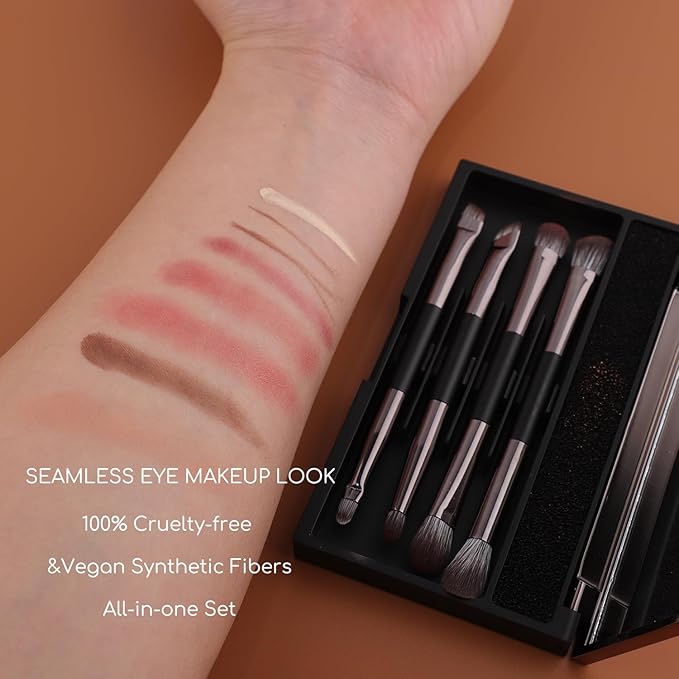 ENERGY Travel Eye Makeup Brush Set Eyeshadow Eye Blending Eyeliner Under Eye Concealer Eye Brow Smudge Makeup Kit with Portable Compact Mirror Case Double ended Makeup Brushes 4PCS