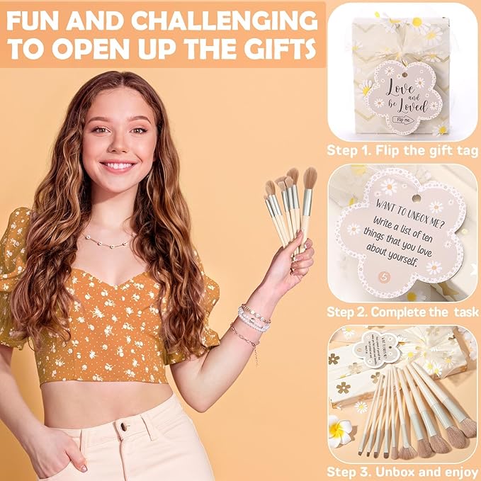 Birthday Gifts for Tween Teen Girls - 8 PCS Gifts Basket Teen Girl Gifts Trendy Stuff Girls Fun Empower Gift Box w/Task Tags Make up Brushes Makeup Bag, Graduation Gifts Idea for Her Niece Daughter