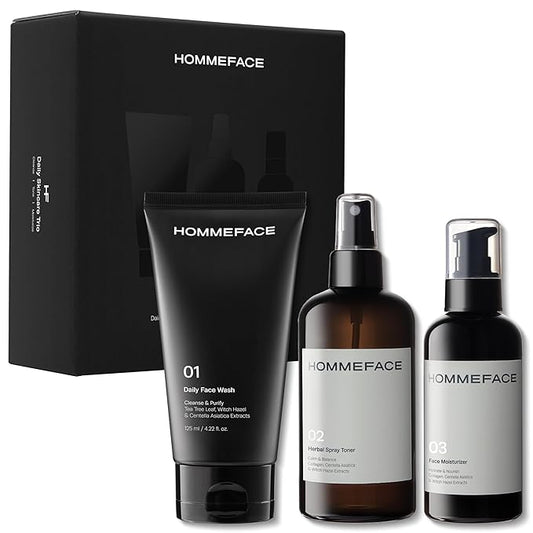HommeFace Men’s Daily Trio 3-Step Daily Routine Set with Face Wash, Herbal Spray Toner & Moisturizer - Korean Skincare Technology with CICA, Tea Tree Leaf & Witch Hazel Extracts, for All Skin Types
