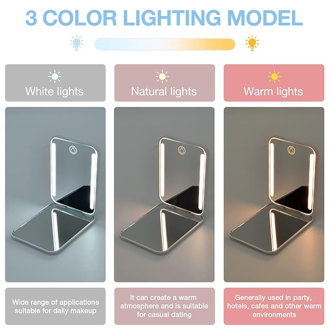 Kintion Rechargeable Pocket Mirror, Double Sided 1X/3X Magnification Compact Vanity Mirror, 3 Color Lights, Dimmable, Small Portable Wallet Mirror, Lighted Travel Mirror for Women Gifts, White