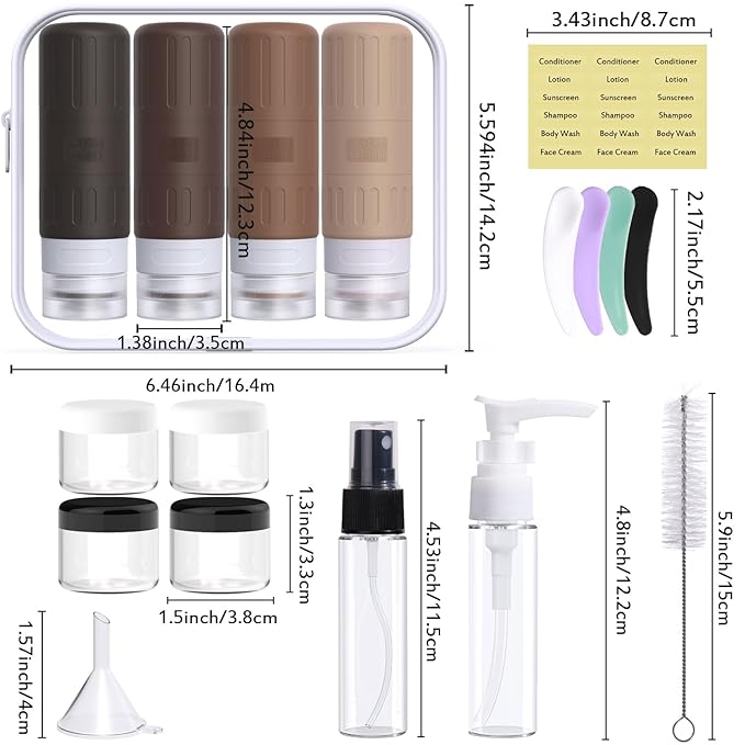 GLAMFIELDS Travel Bottles for Toiletries,TSA Approved 3.3oz Size LeakProof Silicone Toiletry Containers for Shampoo, Conditioner,Easy to Squeeze，Portable Travel Essentials for Lotion(18 Pack) Coffee