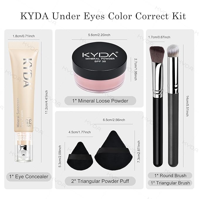 KYDA 6 Pcs Pink Mineral Under Eyes Concealer Kit, Included Eyes Concealer Cream+Loose Setting Powder, SPF 35, Eyes Color Corrector Set, Correct & Conceal Dark Circles, with Brushes and Makeup Puffs