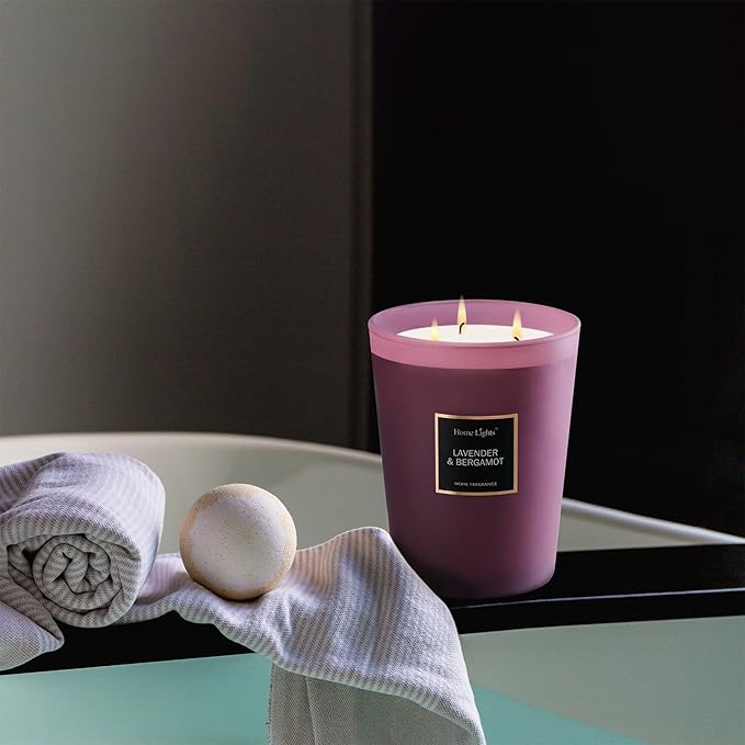 HomeLights Highly Scented Soy Candles Big 33.3 oz for Home. 3 Cotton Wicks, Smokeless Long Lasting 130 hrs in Lavender & Bergamot. 5x6, Great Gift for Women & Men