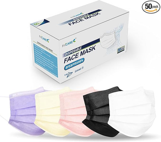 FriCARE Disposable Face Masks, 3-Ply ASTM Level 3 Medical Grade, FSA/HSA Eligible, Breathable & Comfortable for Allergy/Sun Protection, 50 Pack Lavender Mousse