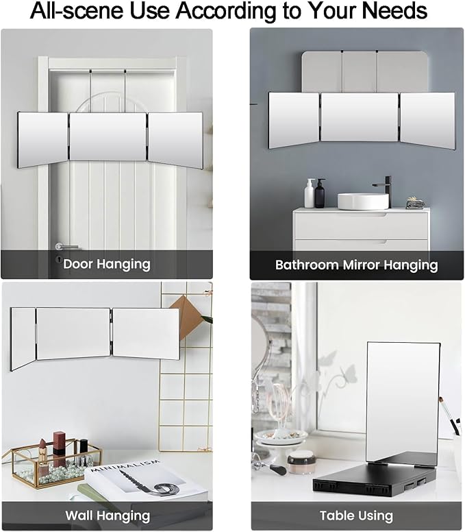 Vanexiss Rechargeable 3 Way Mirror for Hair Cutting, Real Glass Adjustable Trifold Mirror with 3 Color Temps LED Light & Telescoping Hooks for Makeup, Shaving & Styling