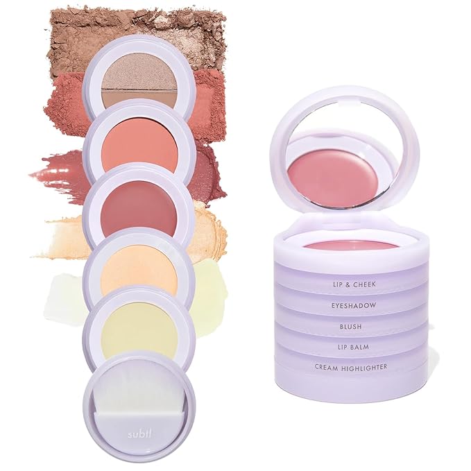 Subtl Staks 5-in-1 Travel Makeup Kit by Subtl Beauty - Eyeshadow Duo, Powder Blush, Cream Highlighter, Lip and Cheek, Lip Balm - Free Travel Mirror and Brush - Stackable Makeup for Travel