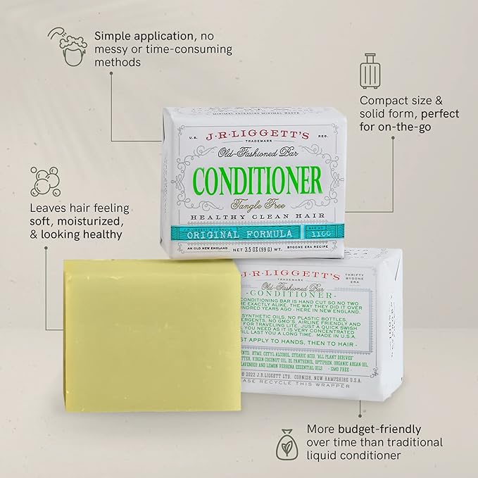 J·R·LIGGETT'S Hair Conditioner Bar, Moisturizing Conditioner Hair Bar that Leaves Hair Smooth & Tangle Free, Gives Hair a Healthy Sheen, Plant Based Ingredients, 2 Pack 1.75oz