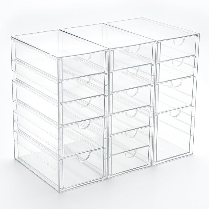 Prsildan Acrylic Drawer Organizer with 15 Drawers, Makeup Craft Office Desk Organizers Accessories, Set of 3 Clear Stackable Storage Drawers for Vanity, Countertop, Jewelry, Art Supply Organization