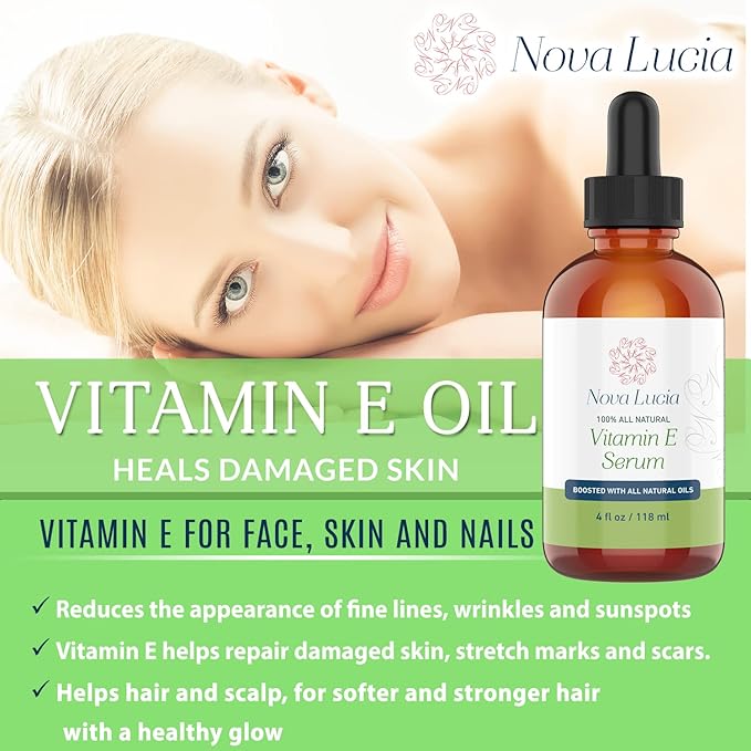 Nova Lucia Organic Vitamin E Oil – Pure Vitamin E for Skin, Face & Hair | Scar & Stretch Mark Treatment, Natural Moisturizer for Soft, Smooth, Hydrated Skin – 4 oz