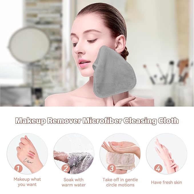 Nugilla Makeup Remover Cloths, 8 Packs Makeup Remover Towels Reusable Face Wash Cloth, Soft Makeup Remover Microfiber Face Cloth for Women(Light Grey)