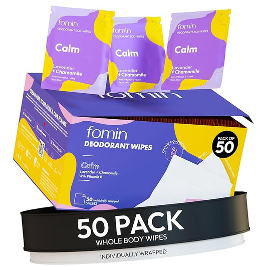 FOMIN Travel Deodorant Wipes - 50 Count - Calming Lavender and Chamomile - pH Balanced, Hypoallergenic Mini Deodorant Wipes For Women and Men - Plastic-Free, Individually Wrapped Underarm & Body Wipes